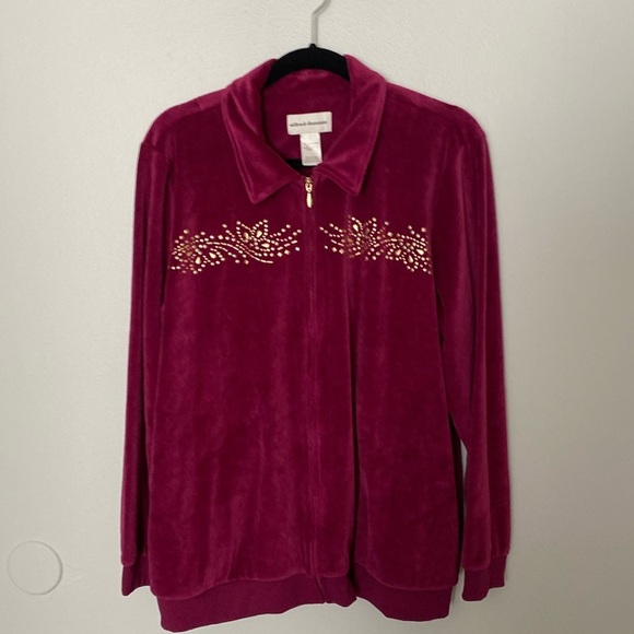 Alfred Dunner Berry Velour Jacket Zip Front Gold Detail Pockets Size Large - Picture 1 of 9